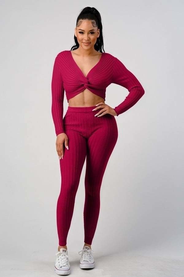 V Neck Crop Top - Highwaisted Pant Set