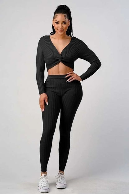V Neck Crop Top - Highwaisted Pant Set